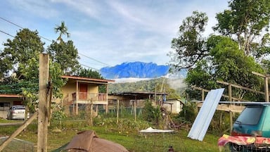 A rural setting with a fenced area containing chickens, a parked car, and a mountain in the background.