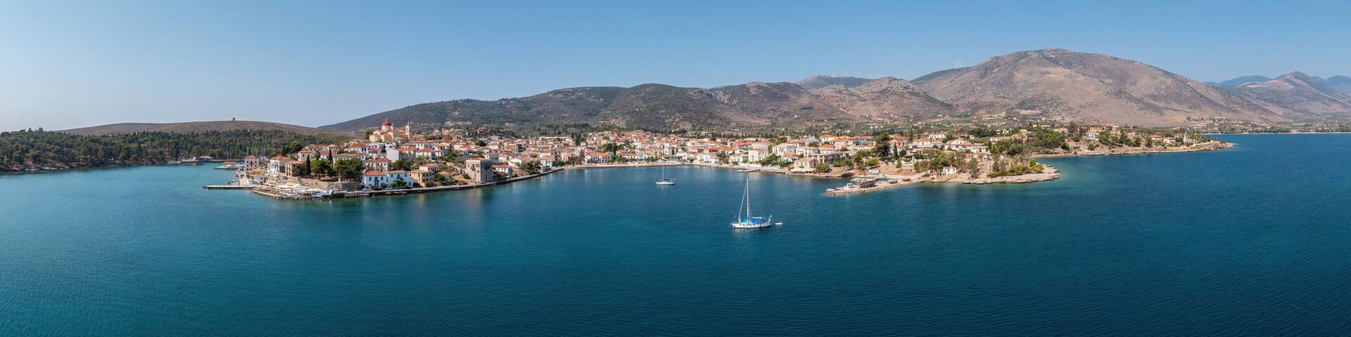 Galaxidi Greece, aerial panorama. Traditional town in Fokida, sunny day.
