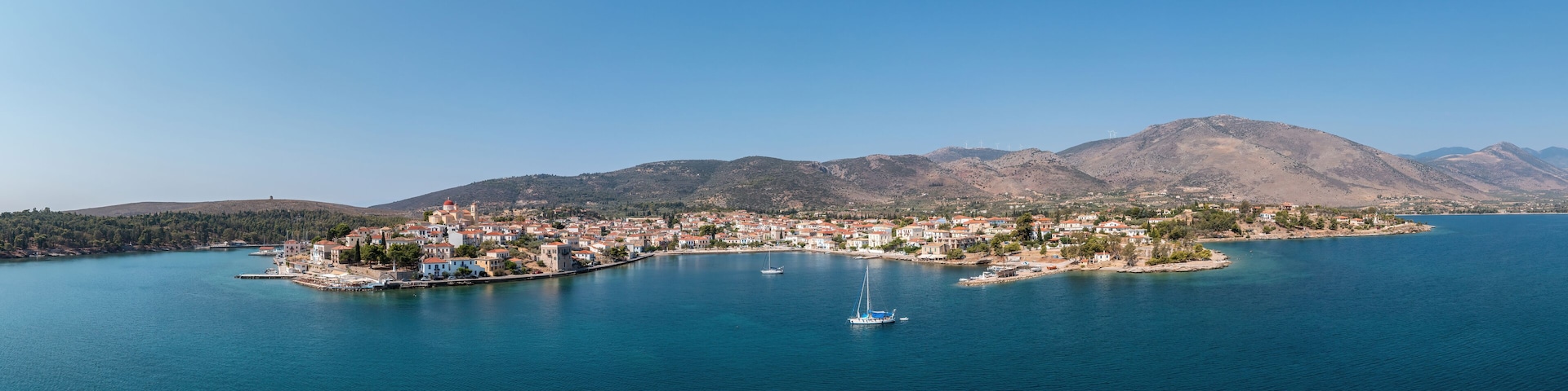 Galaxidi Greece, aerial panorama. Traditional town in Fokida, sunny day.