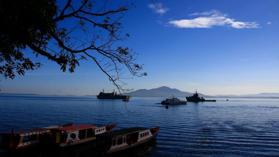 A calm sea with several boats, including a large ship and smaller boats, anchored near a coastline with mountains in the background.