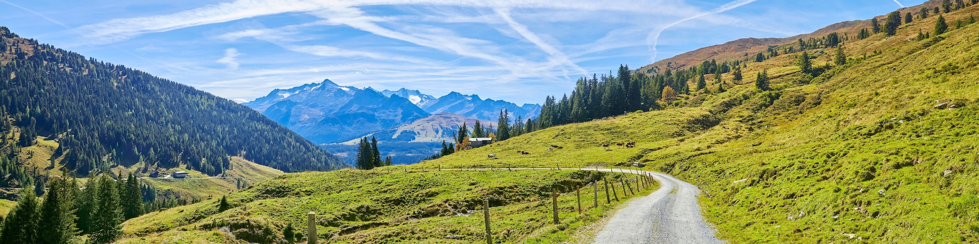 A winding mountain road through a lush green valley with a backdrop of snow-capped peaks and dense forests.