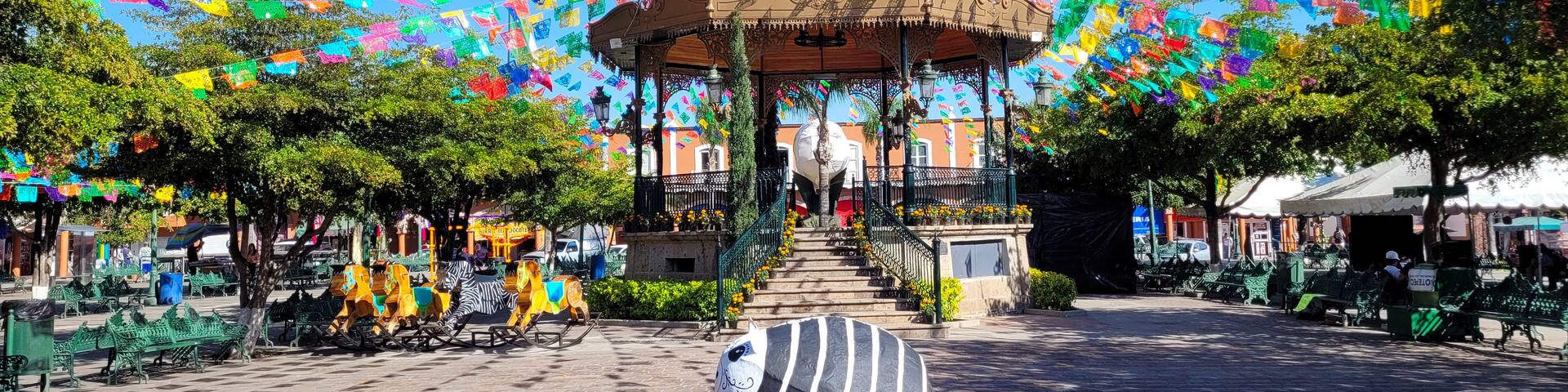 Image of the main square of Jocotepec showing the ornate kiosk