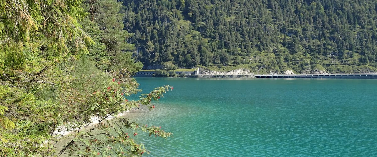 A lake surrounded by dense forest and a mountain.