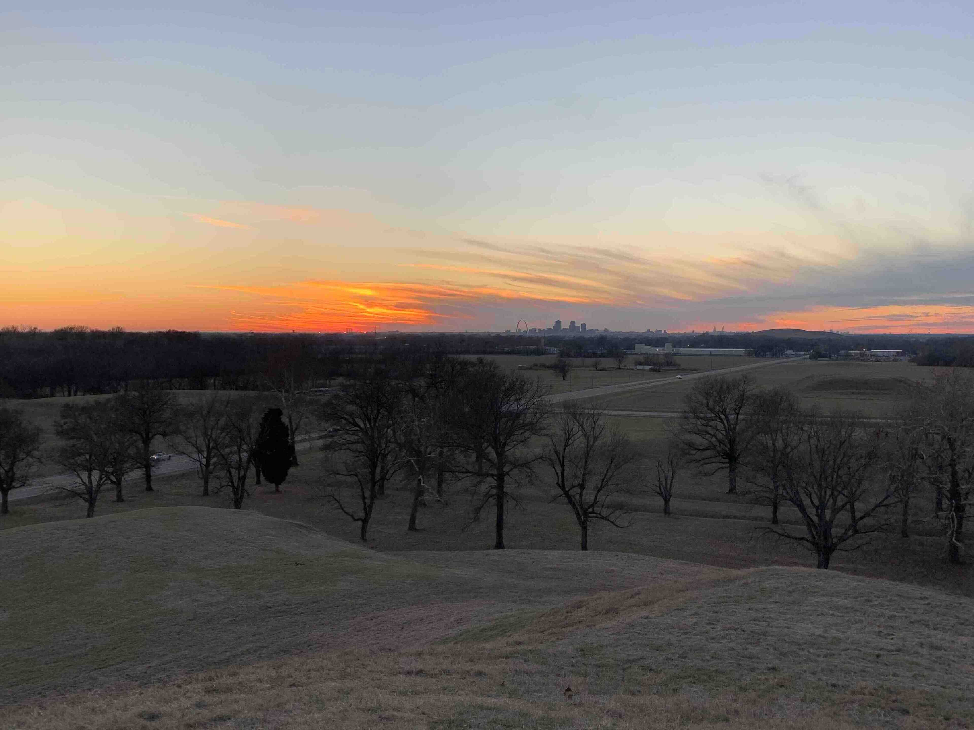View of St. Louis from the Monks Mound at Cahokia Mounds State Historic Site.