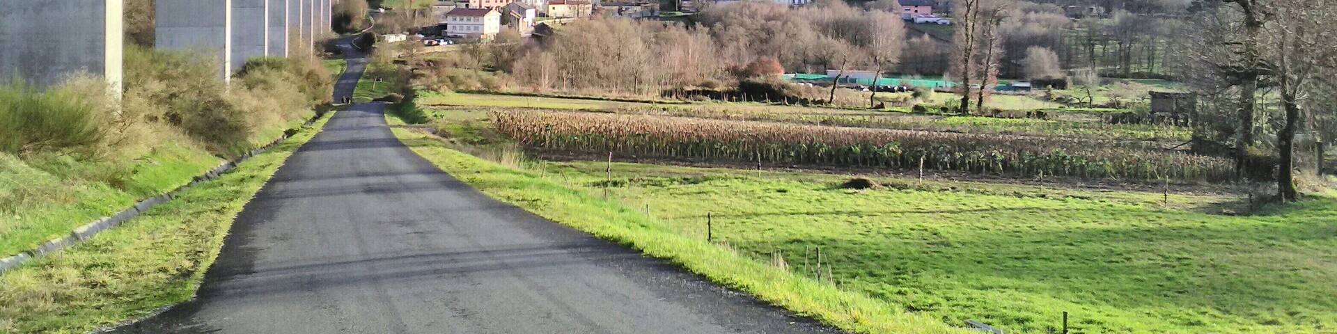 Vista parcial da aldea de Reguengo, da parroquia de Botos (Lalín), a carón do viaduto do ferrocarril