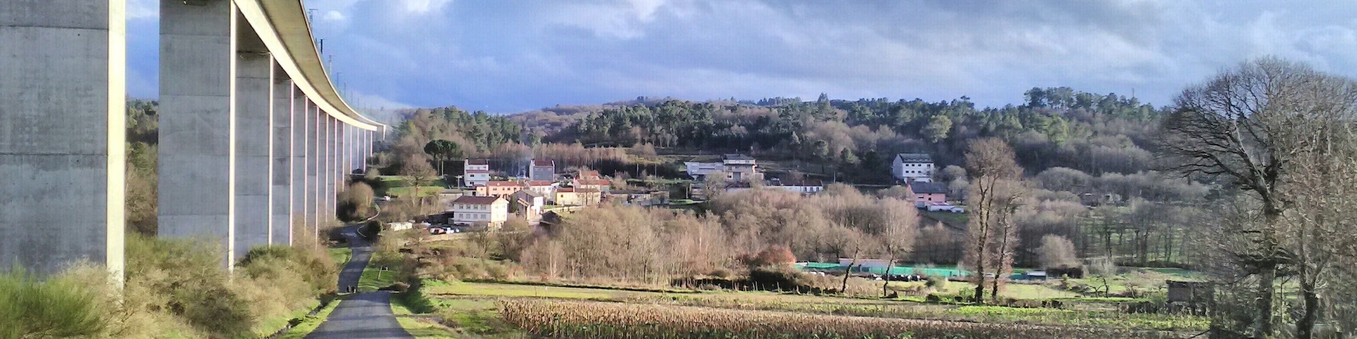 A rural road under a bridge, surrounded by fields and houses.