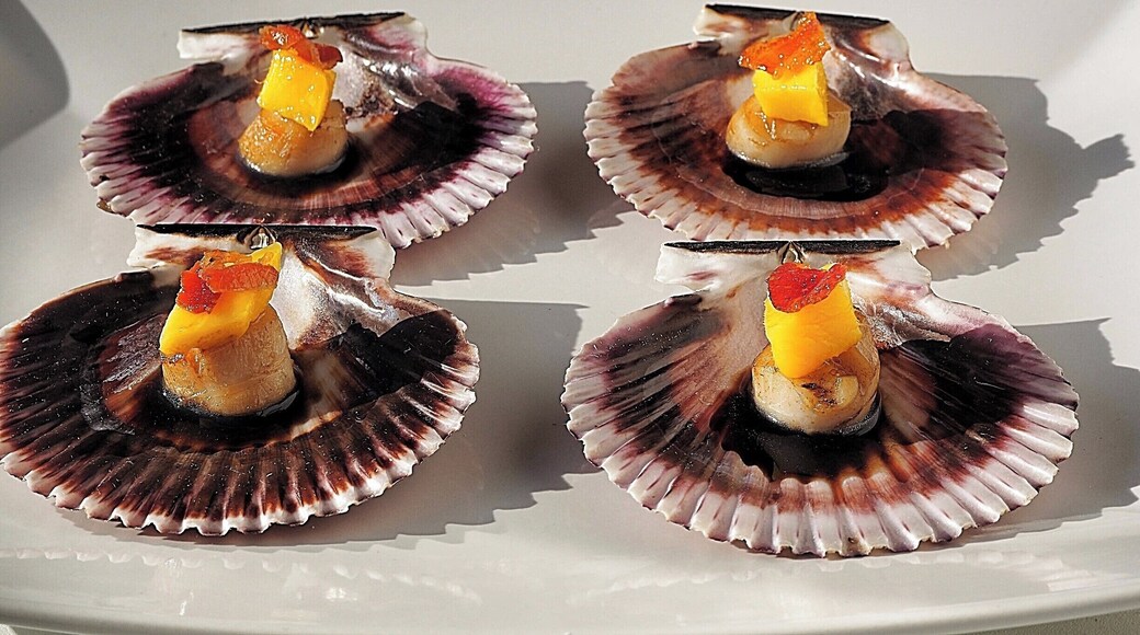 Scallops are characterized by offering two flavors and textures in one shell: the meat, called "scallop", which is firm and white, and the roe, called "coral", which is soft and often brightly coloured reddish-orange.
In Galician cuisine, scallops are baked with bread crumbs, ham, and onions .Smoked scallops are sometimes served as appetizers or as an ingredient in the preparation of various dishes and appetizers. #Patterns