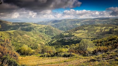 A valley with rolling hills, a bridge, and scattered buildings.