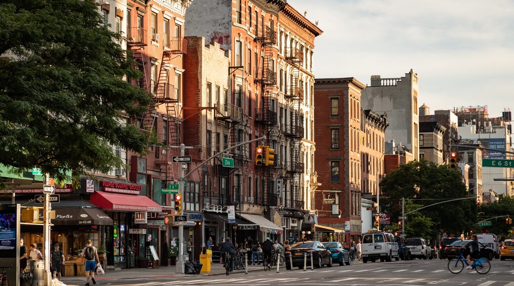 East Village which includes street scenes and a city