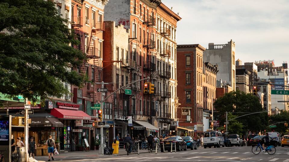 East Village which includes street scenes and a city