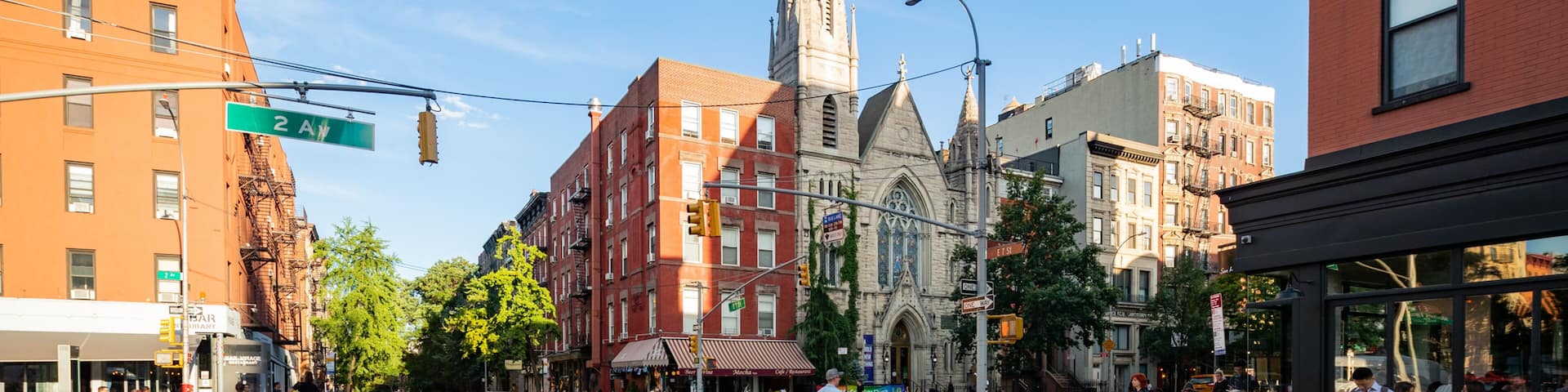 East Village which includes street scenes and a city