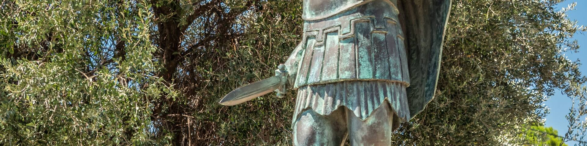Statue of Miltiades (Miltiades the Younger) the General who defeated with the greek Army the invading Persians at the Battle of Marathon in 490 BC. Bronze statue, Tomb of the Athenians, greece