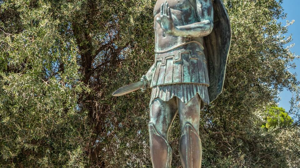 Statue of Miltiades (Miltiades the Younger) the General who defeated with the greek Army the invading Persians at the Battle of Marathon in 490 BC. Bronze statue, Tomb of the Athenians, greece