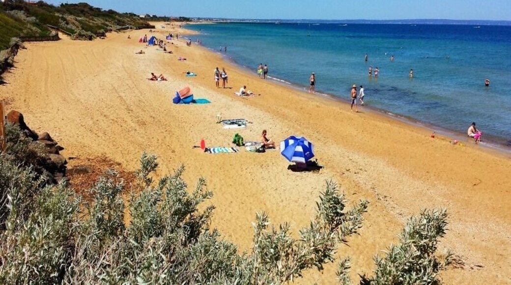 Parkdale Beach was a great find for us, thanks to our friend who lives in a nearby suburb. It’s a bit of a drive from the city centre, 23 km south-east, but if you’re looking to get away from the crowds of St Kilda it’s a great place to relax and swim with the kids.
The water was again clean and calm and with the shallow bars you could walk quite a ways out. It’s best to stay on the shallower bars and clear of the rocks and reefs area.
Whilst there don’t miss having breakfast or brunch at Parkdale Beach Cafe + Kiosk which is right on the beach. With it’s outdoor deck you can watch the kids play on the grass, and the food and coffee was really good.