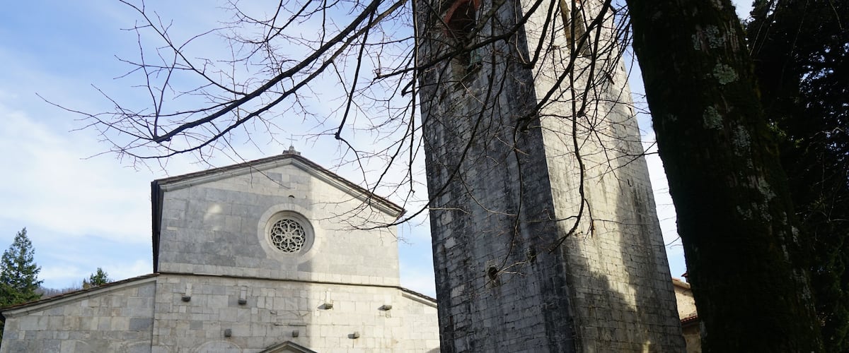 A stone church with a bell tower and a large tree in the foreground.