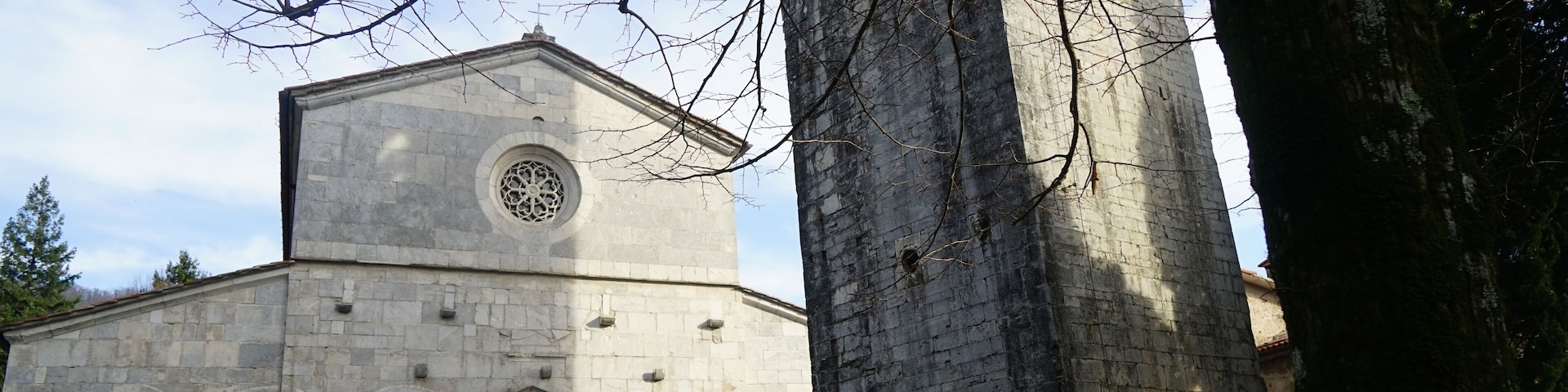 A stone church with a bell tower and a large tree in the foreground.