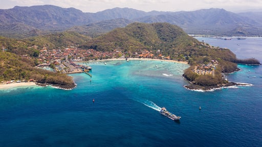 Roro car ferry leaving the Padang Bai harbor in Bali in Indonesia heading to Lombok island