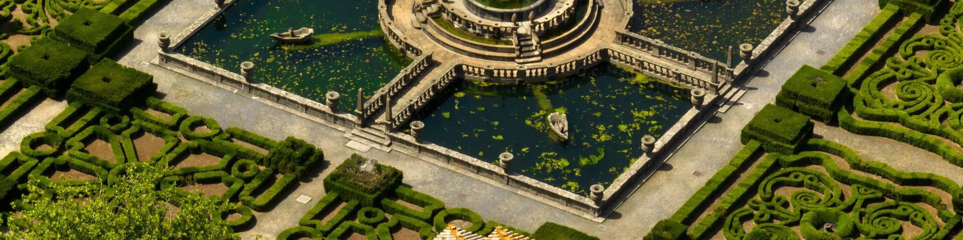 Aerial view of a beautiful fountain inside a decorated garden of a beautiful villa with park. It is located in Bagnaia, In the province of Viterbo, Italy.