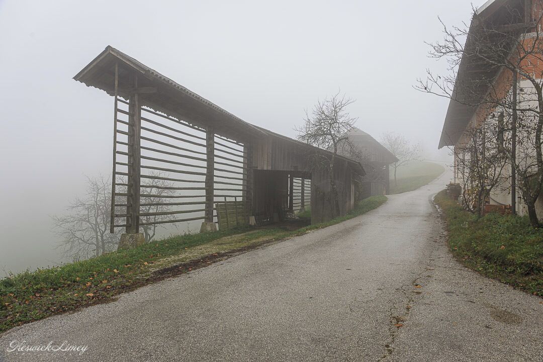 Traditional hayracks (Kozolec) in the village of Spodnja Luša in Slovenia on a misty morning.

These kozolec are all over Slovenia.  We initially wondered what they were for and learnt that there were hayracks and are unique to Slovenia.