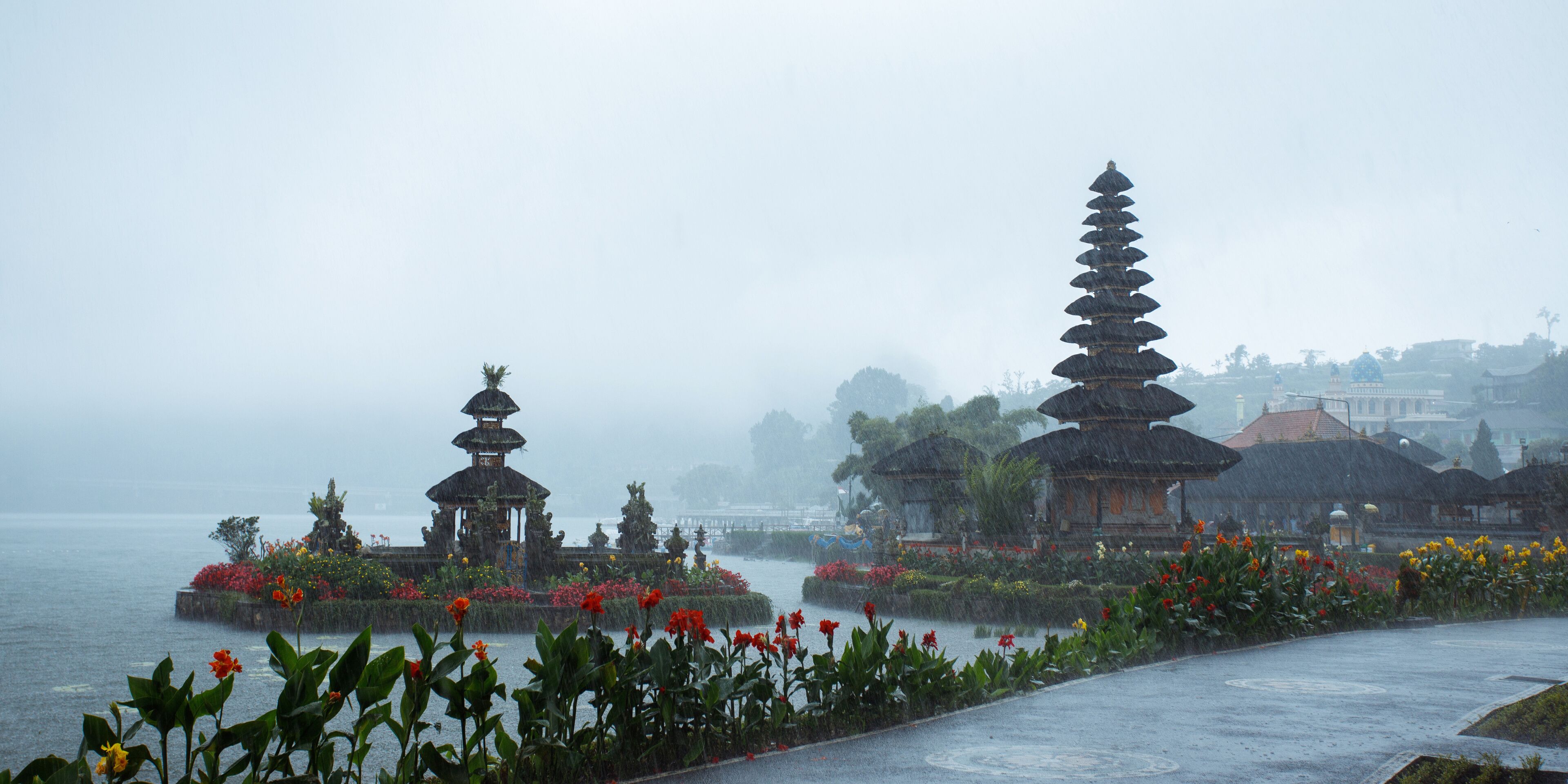 Hindu temple Pura Ulun Danu under rain. Bratan, Bali, Indonesia