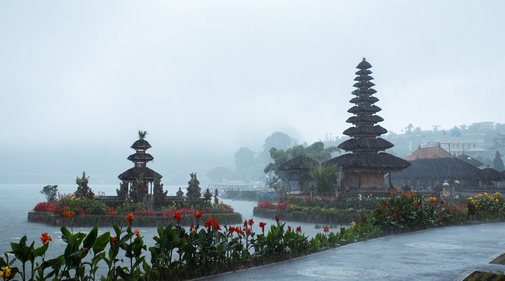 Hindu temple Pura Ulun Danu under rain. Bratan, Bali, Indonesia