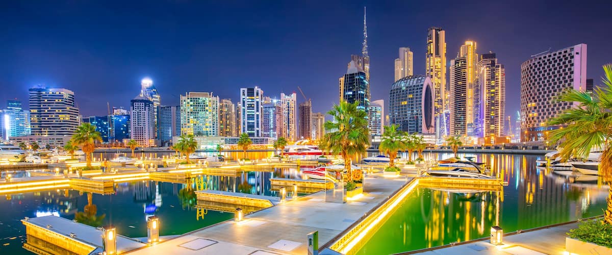 Dubai Business Bay skyline at night, UAE