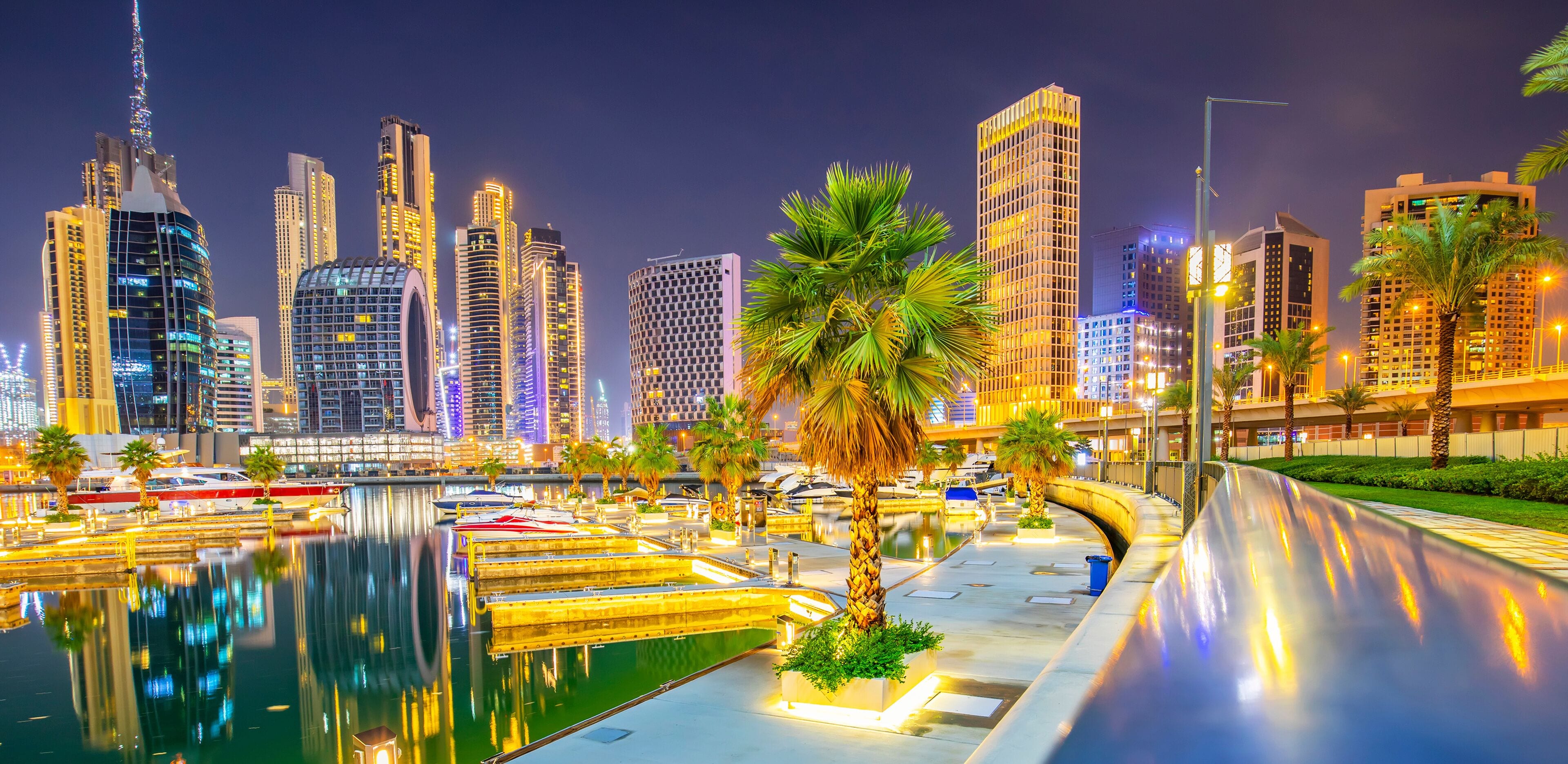 Dubai Business Bay district skyline at night, United Arab Emirates
