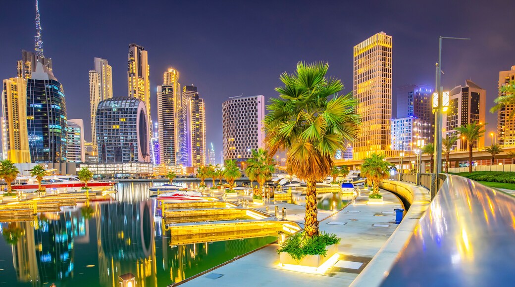 Dubai Business Bay district skyline at night, United Arab Emirates
