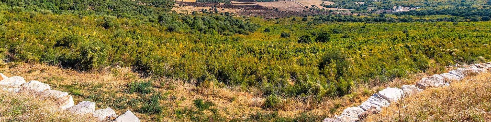 large panoramic of lake Varano in Gargano - Puglia - Italy - at the horizon the adriatic sea