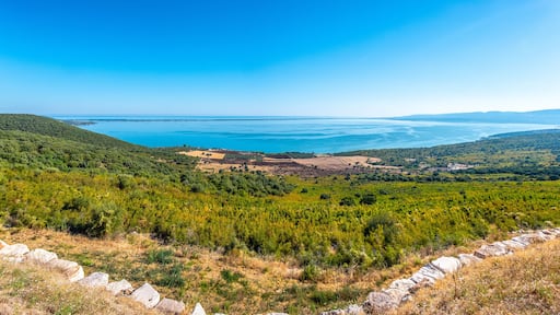 large panoramic of lake Varano in Gargano - Puglia - Italy - at the horizon the adriatic sea