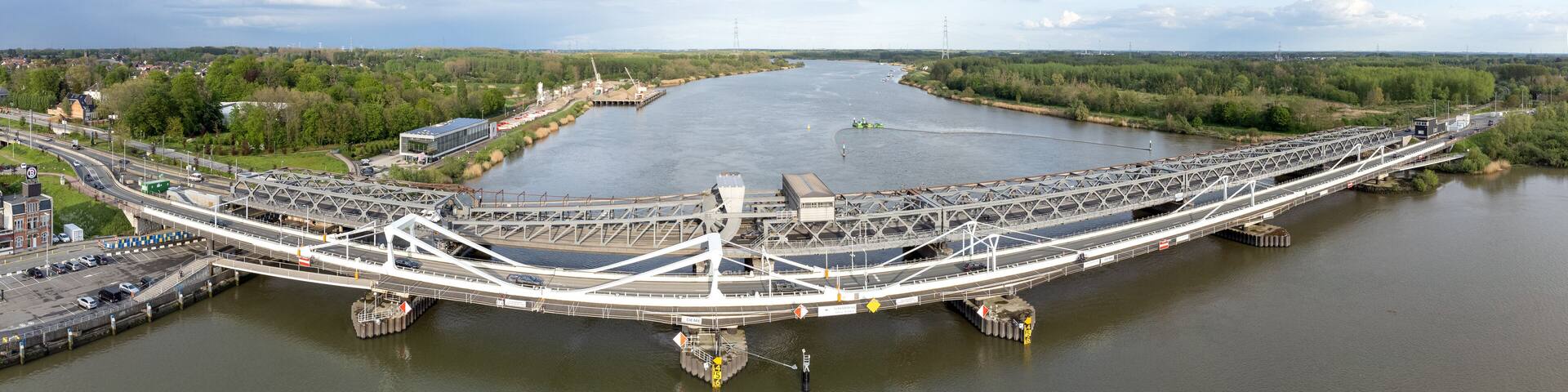 Aerial panorama shot of Temse bridge over the river Scheldt in Antwerp. Drone aerial view from above