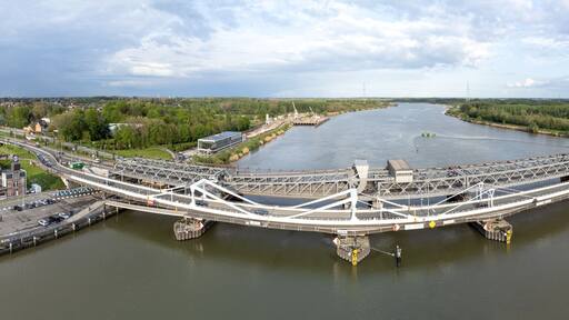 Aerial panorama shot of Temse bridge over the river Scheldt in Antwerp. Drone aerial view from above