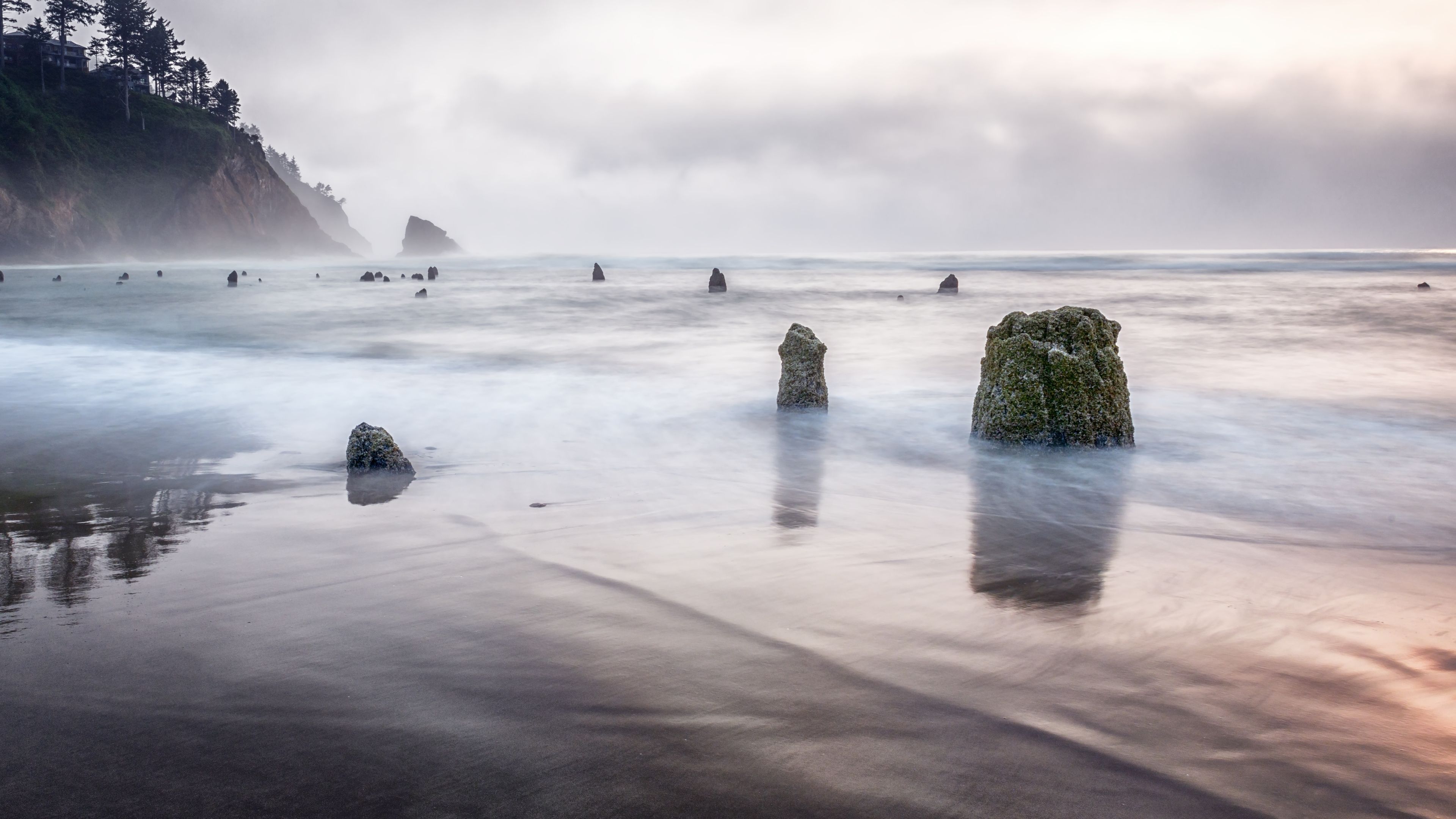 A coastal landscape with rock formations in the water and a cliff with trees.