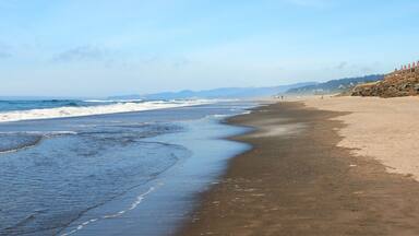View of the Oregon coastline on Neskowin Beach with small waves on the ocean surface.