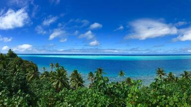 Una playa tropical con aguas turquesas cristalinas, palmeras y un cielo azul con nubes.