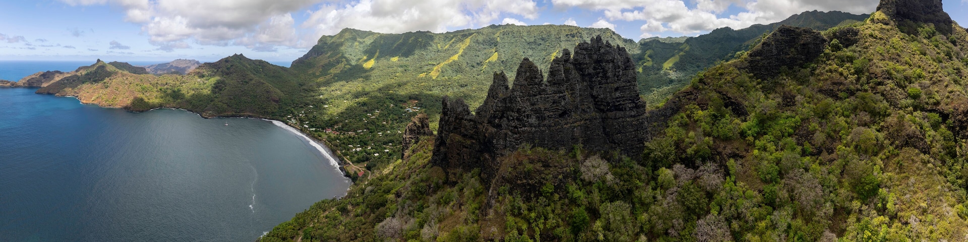 Magnificent aerial view of HATIHEU bay on the island of NUKU HIVA in the Marquesas archipelago in French Polynesia