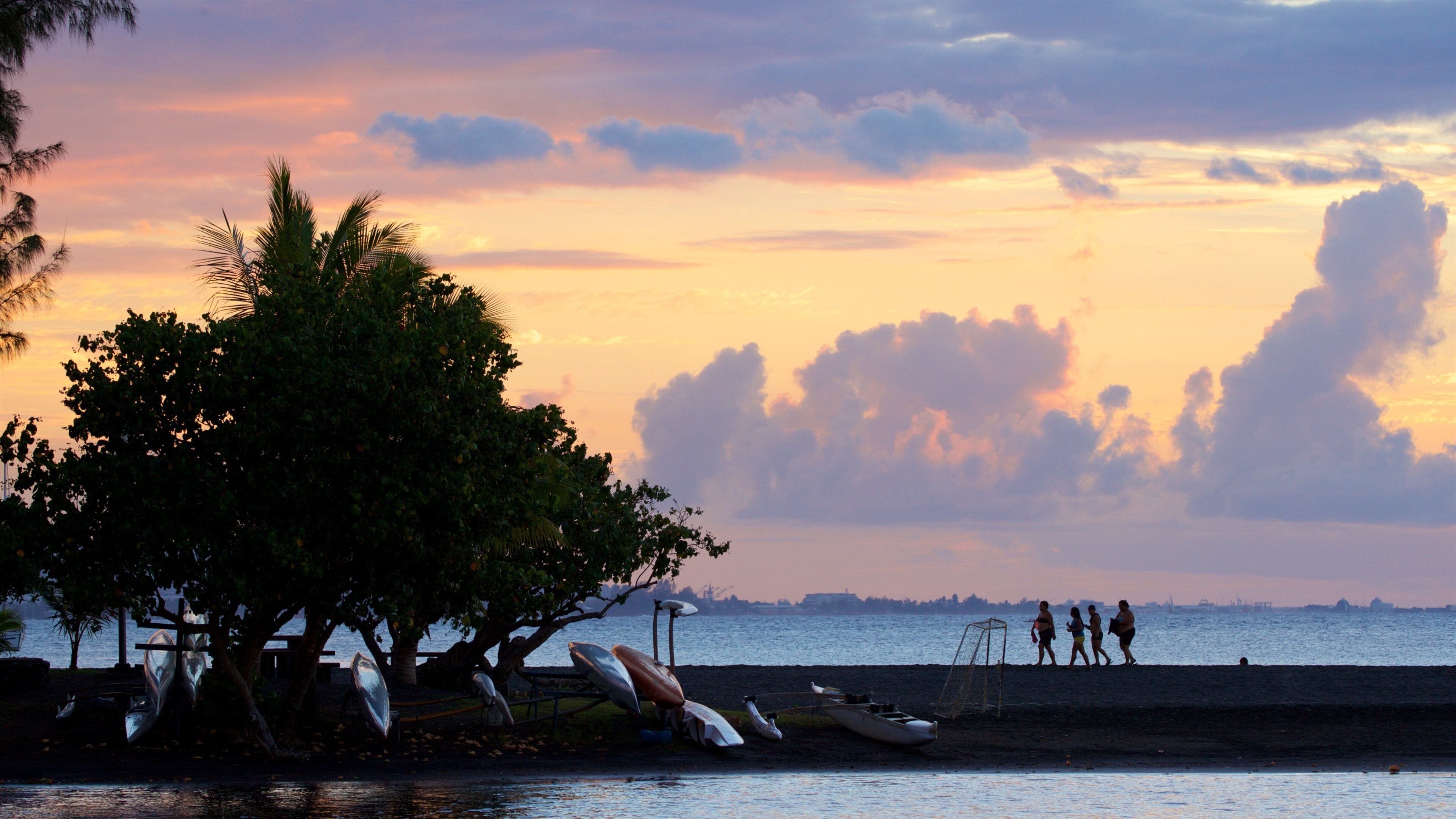 A beach at sunset with boats, a tree, and people walking.