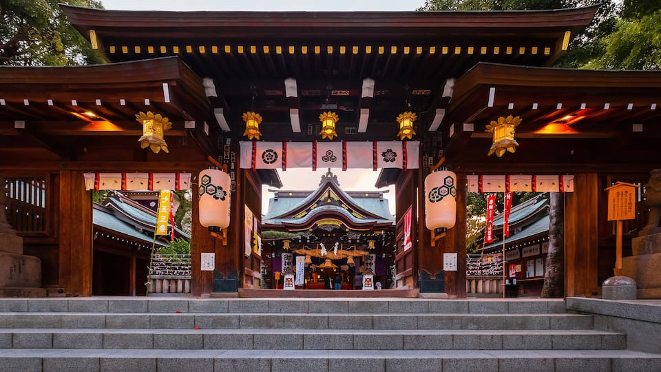 Fukuoka, Japan - Nov 20 2022: Kushida shrine in Hakata ward, founded in 757, the shrine dedicated to Amaterasu the goddess of the sun and Susanoo god of seas and storms, thunder and lightning