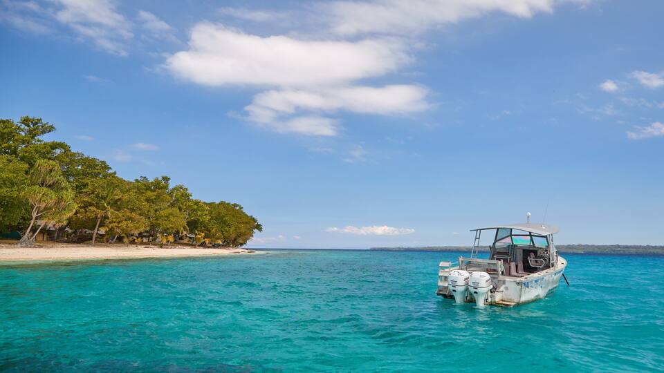 A boat on turquoise waters near a sandy beach with trees.