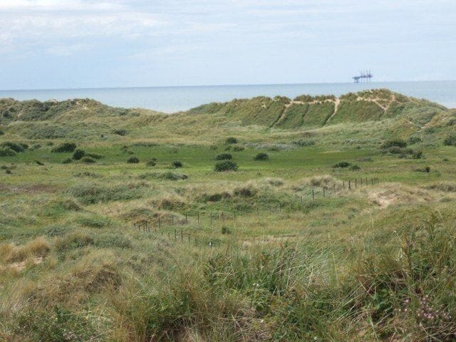 Ainsdale dunes On the horizon, the gas rig in Liverpool Bay.