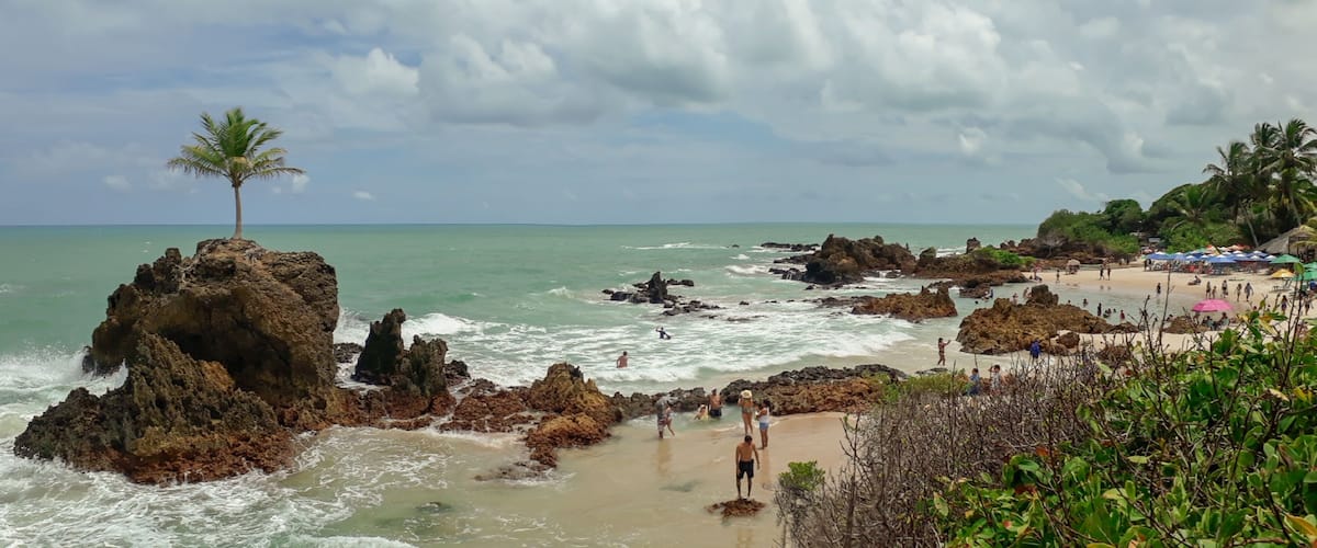 Una costa rocosa con palmeras, una playa de arena y gente disfrutando del agua.
