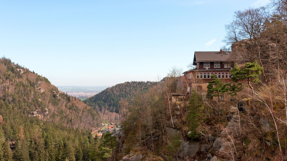 Old mountain inn on Mount Oybin. Saxony. Panorama