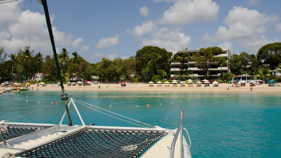 A boat on turquoise water with a beach and palm trees in the background.