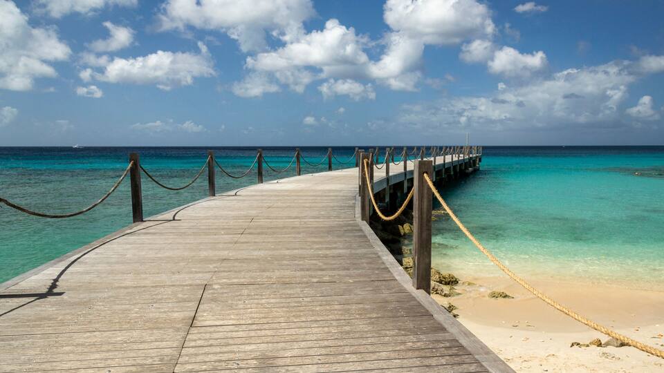 A wooden pier extending into turquoise waters with a clear sky.