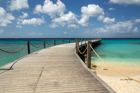 A wooden pier extending into turquoise waters with a clear sky.
