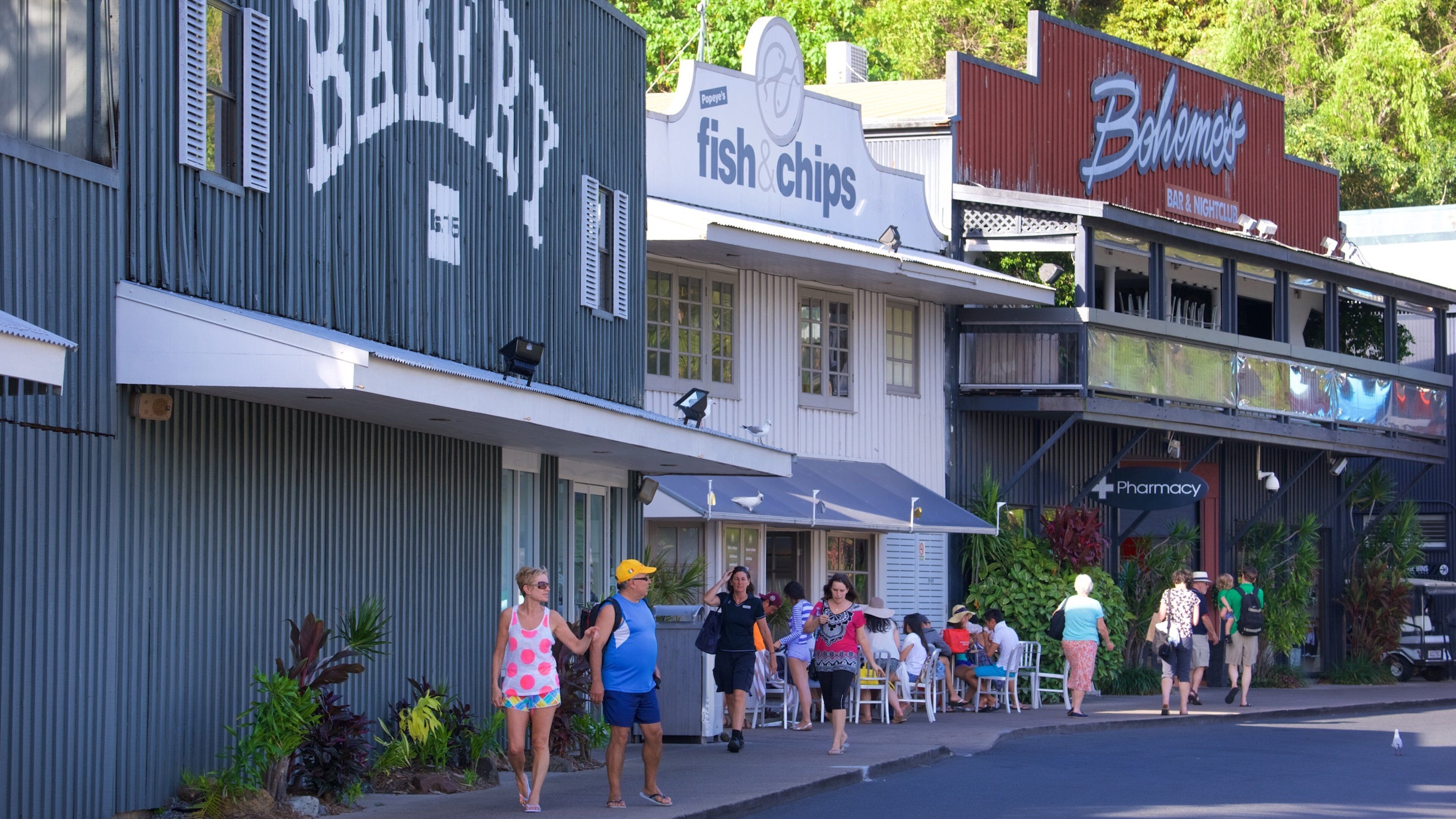 Hamilton Island Marina which includes street scenes, signage and a coastal town