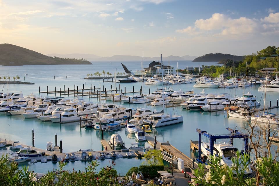 A marina with numerous yachts docked, surrounded by water and greenery.