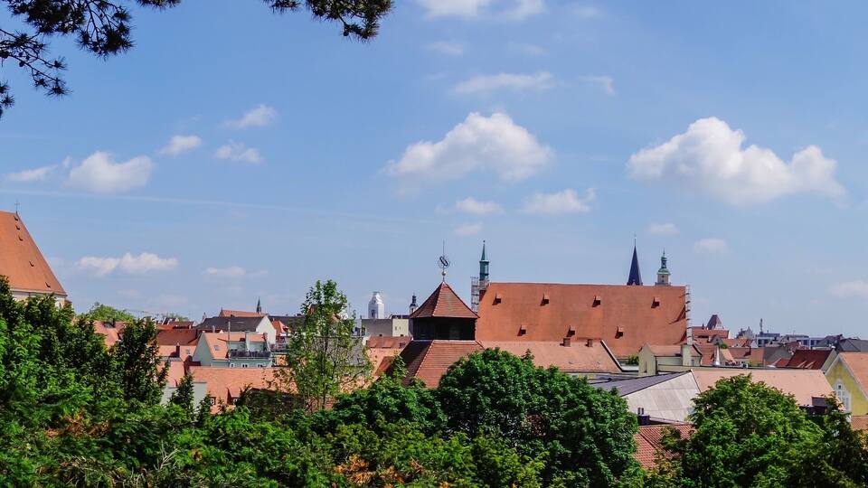 A town with red-roofed buildings, a prominent church with a clock tower, and green trees in the foreground.