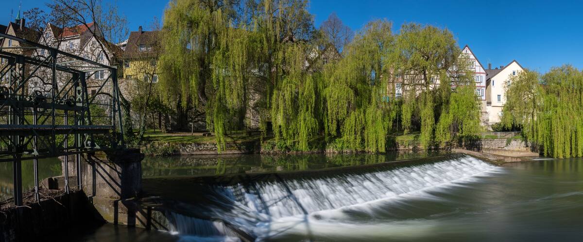 A river with a waterfall, willow trees, and traditional European houses.