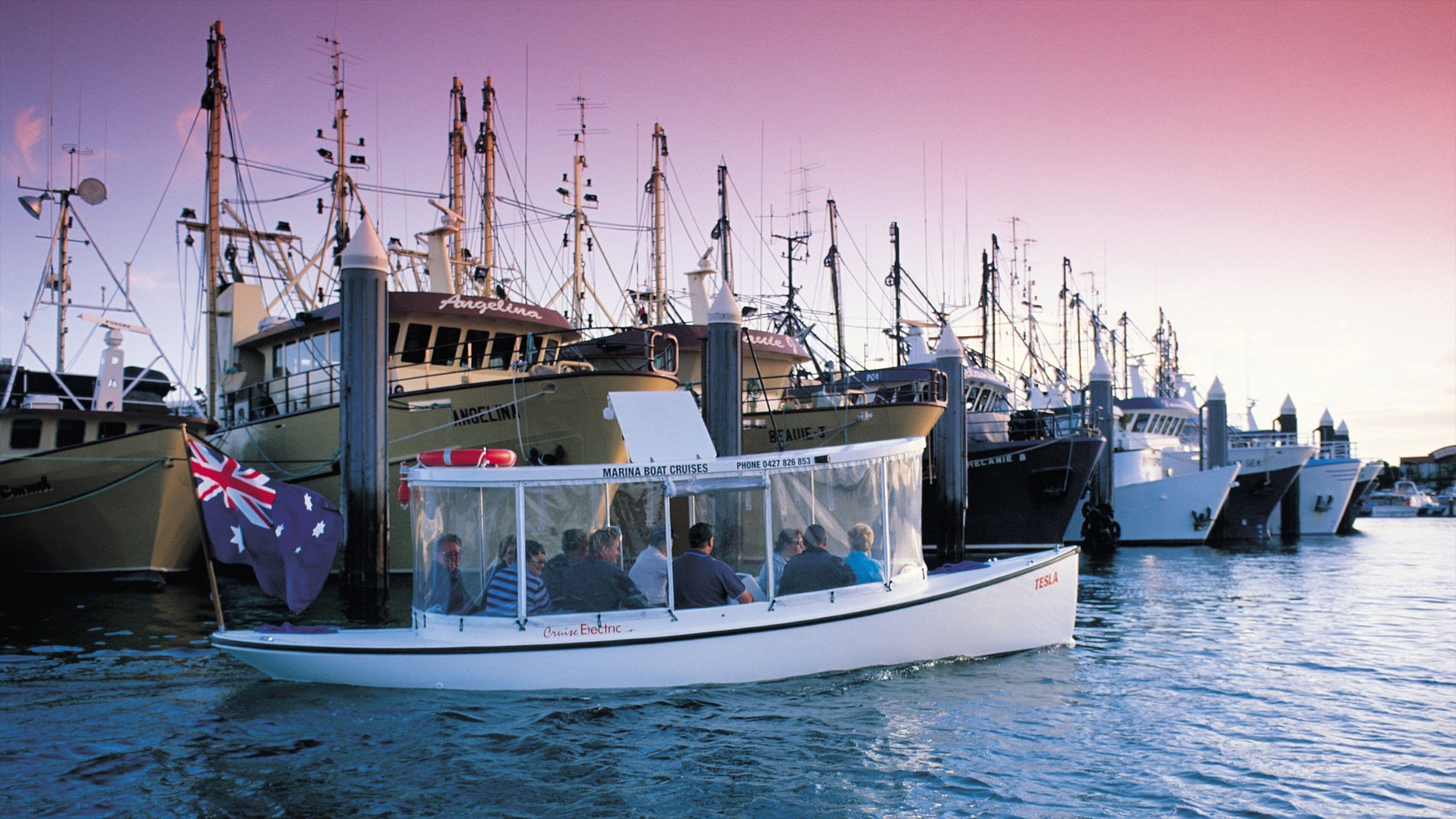 A marina with several boats docked, including a white boat with people on board and a large ship named 'Angelina' in the background.